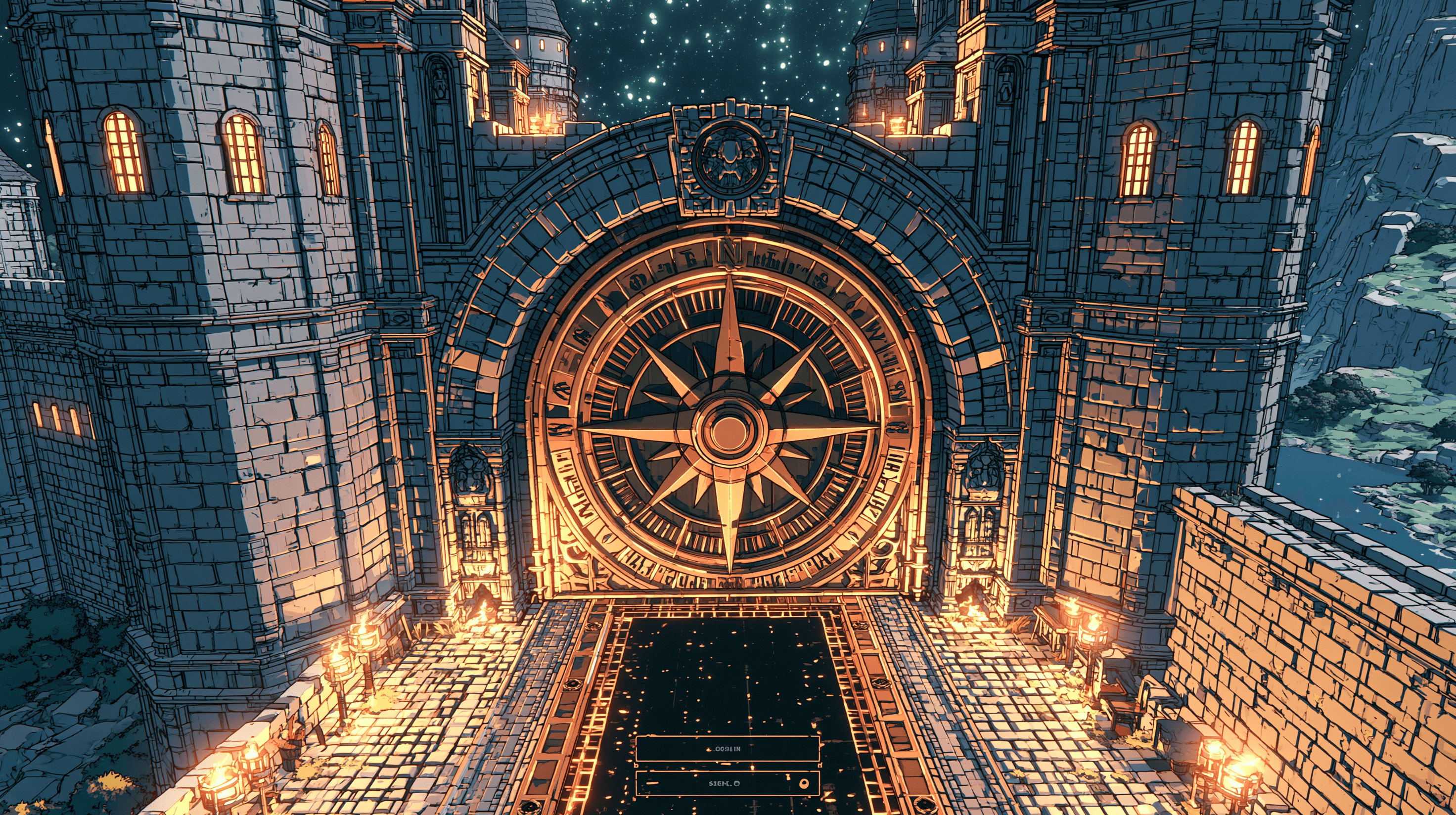 Original fantasy-MMO castle gateway beneath a starry sky