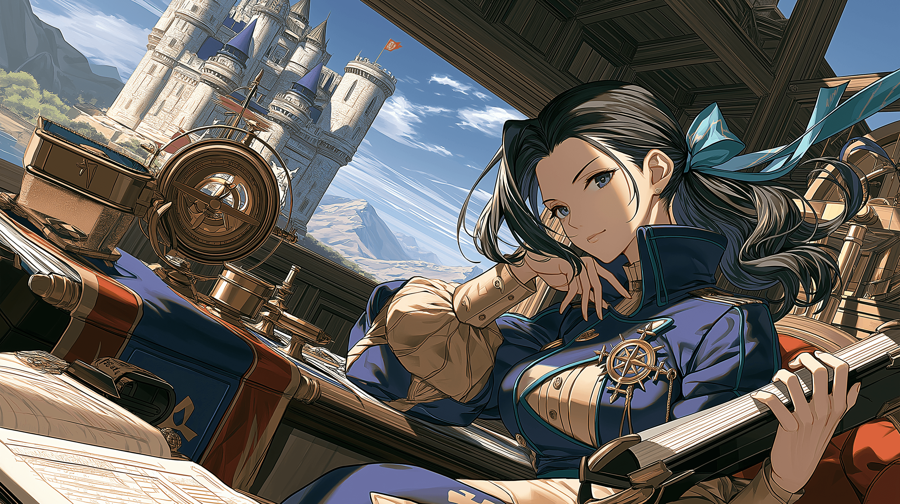 Original adult fantasy concierge at a study table overlooking a mountain castle